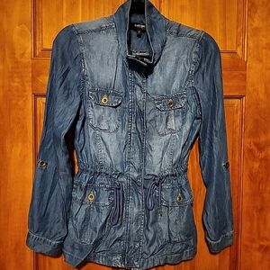 Black Label C'est Toi Blue Jean Shirt/Jacket safari style, roll tab sleeves Sz S
